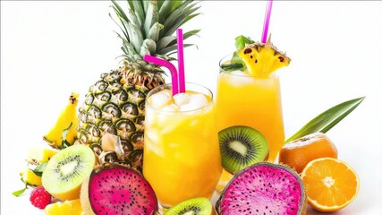 A vibrant and refreshing assortment of fruity drinks and juices, perfect for a health-conscious summer party or rejuvenation.
