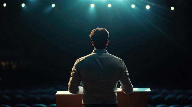 A man stands at a lectern, addressing an audience. He is focused and clear in his delivery.