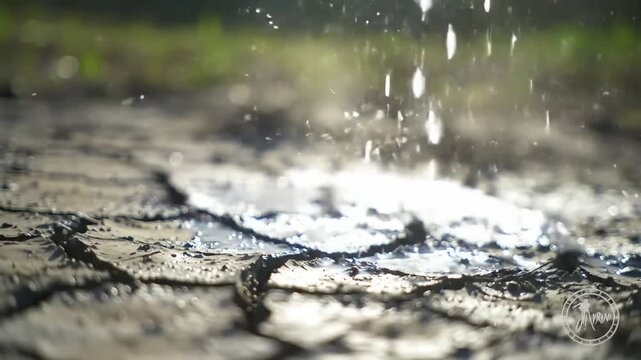close-up of a patch of earth steaming as the first rain hits the hot, dry ground.