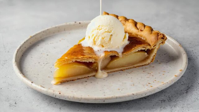 A slice of pie with ice cream on top. The pie is cut in half and the ice cream is on the right half