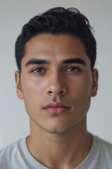 Obraz premium Headshot passport ID portrait of Latin American man, frontal view, centered, neutral expression, open eyes, natural colors, soft lighting, white background generative AI