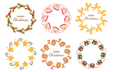 Christmas wreath vector set. Decorative holiday garlands with ribbons, stars, holly leaves and gingerbread elements.