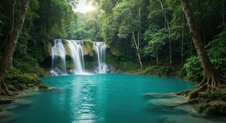 Fototapeta premium Lush tropical scene waterfall cascading into a turquoise lagoon, surrounded by dense green