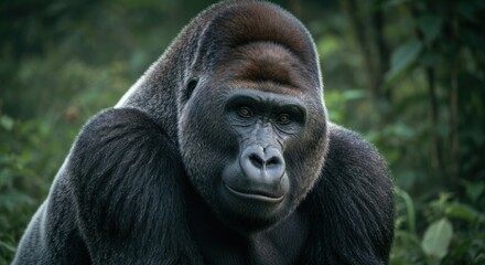 Obraz premium Majestic, close-up portrait of a silverback gorilla in its natural lush, green habitat