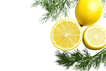 Fresh yellow lemons and green dill isolated on transparent background. Fresh dill isolated on white background.
