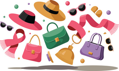 Assorted fashion accessories floating against white background