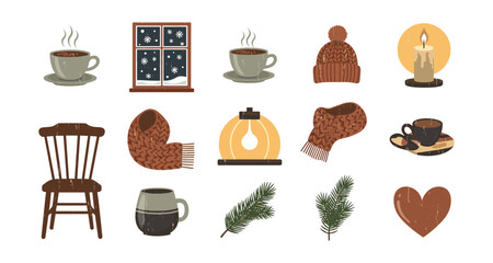 Cozy winter elements: hot drinks, snowy window, and warm accessories