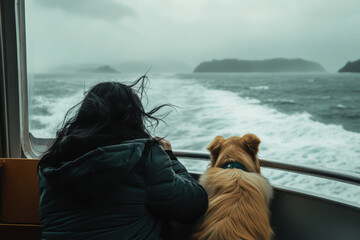 Woman with her dog standing on ferry deck looking at the misty sea and distant islands on a windy day. Concept of journey, freedom, adventure and companionship.