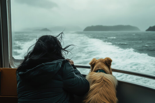 Woman with her dog standing on ferry deck looking at the misty sea and distant islands on a windy day. Concept of journey, freedom, adventure and companionship.