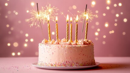 Cake with burning candles and glitter, sparkling fireworks on a pink background
Excellent choice for advertising birthday cakes, design invitations for birthdays, children's parties, articles