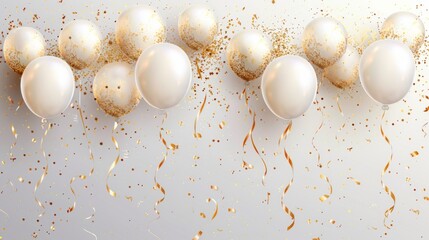 White balloons with gold sequins and ribbons on a light background
Perfect for holiday invitations, wedding events, children's birthdays, advertising of holiday goods, postcard design.