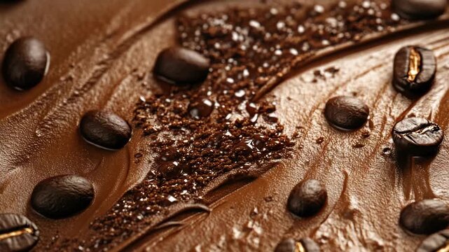 Coffee beans embedded in a chocolate dessert. Barista's skill on display with latte art.
