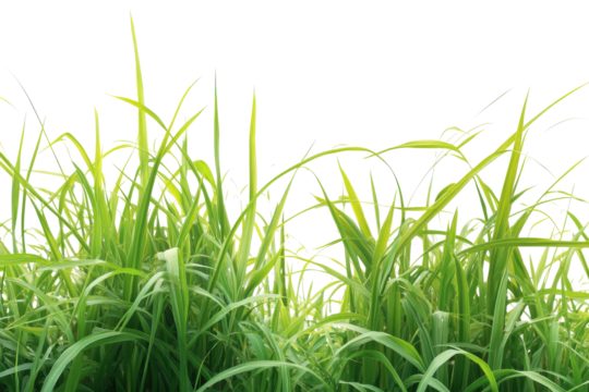 Green grass stalks with seed heads isolated on transparent background. Close up of a green grass stalk with seed heads isolated on white background.