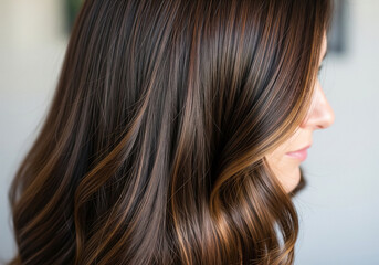 Naklejka premium Stunning Brown Hair with Highlights Stylish Brunette Hairstyle for Women, Long Wavy Hair, Color, Highlights, Salon Look.