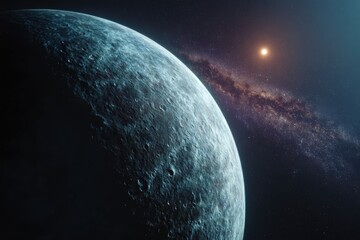Lonely Planet in Deep Space - Cratered Surface and Distant Sunlight