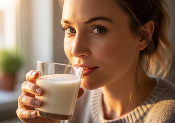 Woman Drinking Milk Indoors  Healthy Lifestyle, Nutrition, Dairy Product, Window, Sunlight.