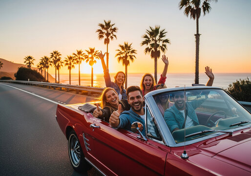 Friends in Red Convertible on Coastal Road at Sunset, Palm Trees, Vacation, Travel, Lifestyle. - Powered by Adobe