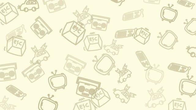 Seamless doodle pattern featuring hand-drawn technology and gadget icons such as computers, keyboards, TVs, and cars with tech symbols. Designed in a playful outline style on a beige background