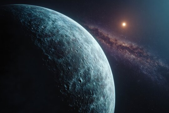 Lonely Planet in Deep Space - Cratered Surface and Distant Sunlight