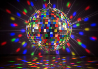 Obraz premium Shiny Disco Ball with Colorful Light Reflections Party, Nightclub, Entertainment Concept.