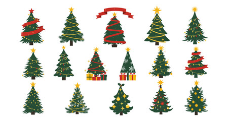 Festive christmas trees collection with decorative holiday ornaments and gifts