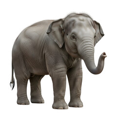 Fototapeta premium Adorable realistic elephant standing sideways and looking at the camera on white background, full body, perfect for wildlife, zoo, or nature concepts.