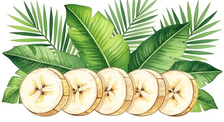 Banana Slices with Tropical Leaves - A Fresh and Vibrant Composition.