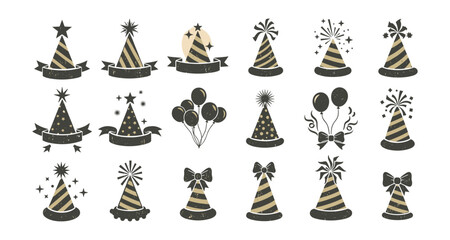 Retro party hat collection with balloons in vintage style
