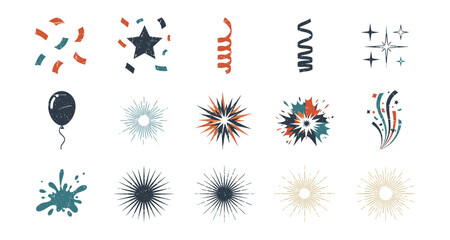 Rustic festive icon set with confetti, balloons, and starbursts for celebrations