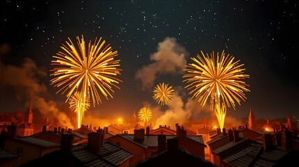 Vibrant golden fireworks burst above a charming European town at night, illuminating rooftops and smoke under a deep blue sky, symbolizing celebration, festivity, and joyful holiday spirit.