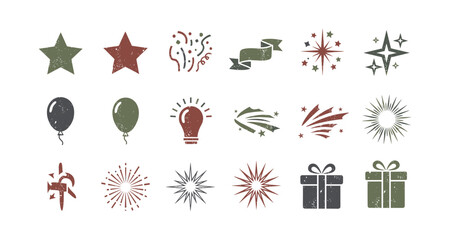 Rustic celebration icons: stars, balloons, gifts, and more in distressed style