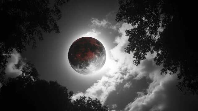 A captivating scene of a solar eclipse in the forest, where the moon's face is almost entirely covered by the Earth's shadow.