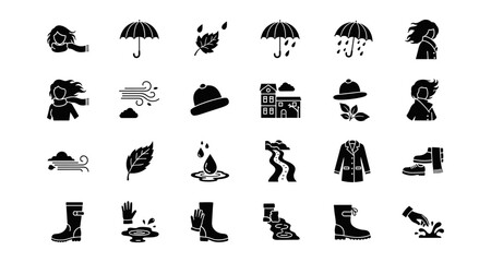 Naklejka premium Weather icons set: wind, rain, and autumn elements in silhouette style