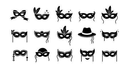 Naklejka premium Elegant silhouette collection of carnival and masquerade masks with decorative elements