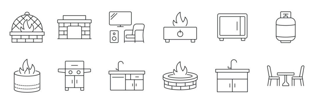 Backyard firepit line icon set. Outdoor kitchen icon set. Fireplace, burning logs, firewood stack, flame, charcoal, grill grate and more. Vector illustration.