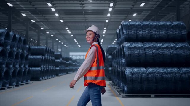 Side View of Asian Female Engineer Walking in Warehouse of Steel Wire Rod