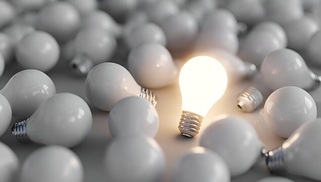 A glowing light bulb surrounded by numerous non-lit bulbs, symbolizing innovation and creative ideas.