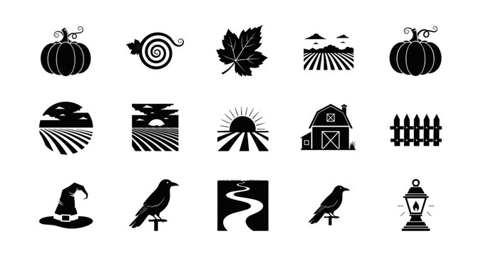 Autumn farm silhouettes: pumpkins, barn, harvest, and nature icons