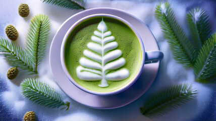 A white cup of green tea Matcha Latte art with snow, pine cone and pine branches creating cozy winter atmosphere background. Concept for holiday Christmas and New Year drinks. Generated image