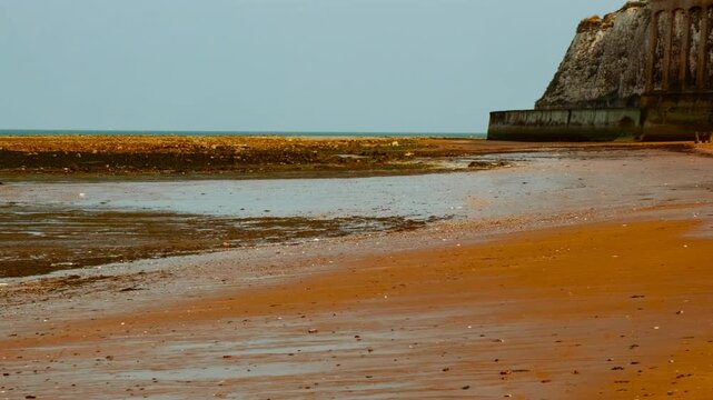 Kingsgate Bay beach and castle, Broadstairs, Kent, England, UK, with chalk cliffs, sandy cove and clifftop views