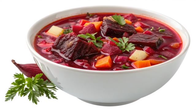 Rich and robust Russian borscht delight cut out on PNG. AI GENERATED.