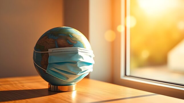 Symbolic image of a world globe wearing a white medical mask, representing global health crisis, pandemic awareness, protection, and unity under warm sunlight during a worldwide outbreak.