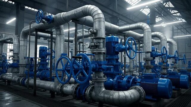 Industrial facility showcasing blue piping and valves in a spacious, well-lit environment