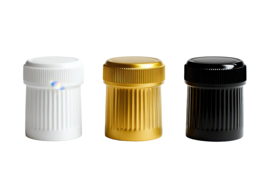 Small ribbed bottles with different colored caps isolated on transparent background.