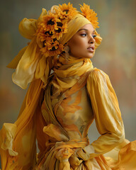 Fashion Model Wrapped in Flowing Sunflower Fabric with Earthy Tones and Dreamy Pastel Background – Surreal Organic Couture with Soft Textures