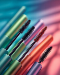 Flatlay of Mascara Tubes with Open Brushes on Glowing Pastel Background – Minimal Clean Beauty Product Photography