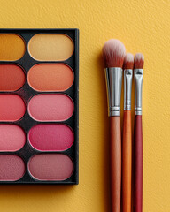 Flatlay of Peach and Pink Eyeshadow Palette with Matching Brushes on Bright Pastel Background – Minimal Clean Beauty Product Photography