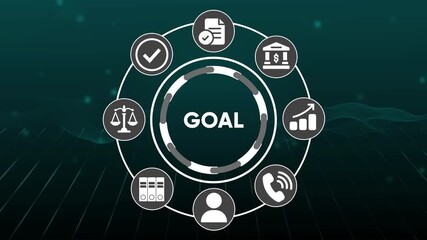 Business goal achievement strategy planning financial growth legal compliance customer service and document management icons connected in circular flow chart animation on dark
