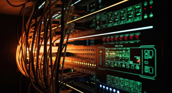 Server rack with cables, glowing lights, and digital displays. A complex network arrangement
