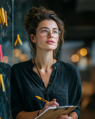 Focused Businesswoman Writing Notes During Team Discussion in Modern Glass-Walled Office with Soft Natural Light